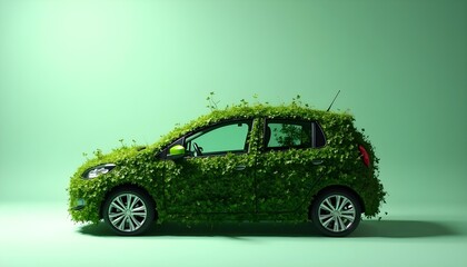 Eco friendly concept car fully covered in green foliage symbolizing sustainable mobility and renewable energy transportation future