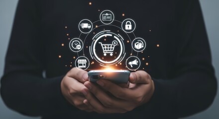 E-commerce Technology: Man Holding Mobile Phone Displaying Shopping Cart Icon Amidst Digital Retail Symbols