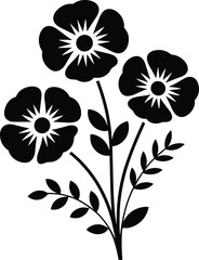 silhouette of three flowers on stems with leaves, a delicate and elegant black and white vector illustration, decorative floral design element.