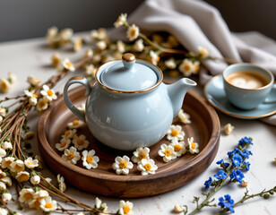 Light blue ceramic teapot with gold trim wooden tray, surrounded by white and yellow daisies and blue forget me nots