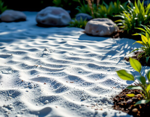 Close up of white sand with ripples and small pebbles, surrounded by green plants and rocks sunlight, creating peaceful
