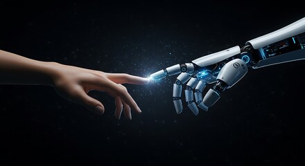 Human hand reaching towards a robotic hand, symbolizing human-robot interaction.