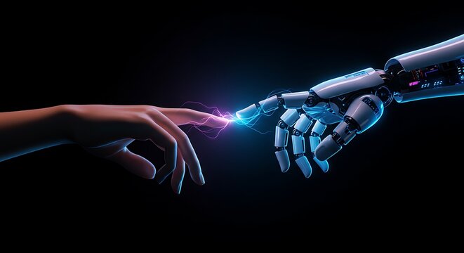 Human Hand Touching Robotic Hand in a Futuristic Setting