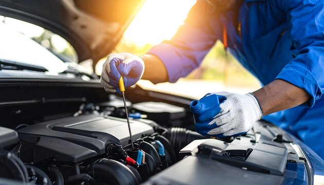 Mechanic checking engine oil level.