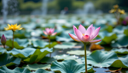 Fototapeta premium Pink lotus flower blooming pond with green lily pads and other colorful flowers background, creating peaceful and vibrant