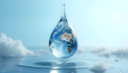 Planet Earth shaped as water drop floating in sky symbolizing Earth Day water conservation climate change and environmental protection