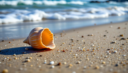 Obraz premium Seashell resting sandy beach with small shells and pebbles, ocean waves background, sunny and peaceful scene, calm
