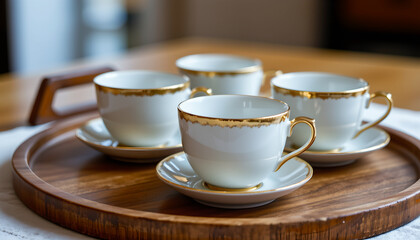 Fototapeta premium Elegant porcelain teacups with gold trim wooden tray, perfect for afternoon tea or coffee gatherings, creating luxurious