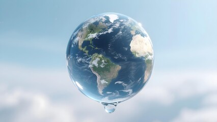 Planet Earth inside transparent water bubble floating in air representing Earth Day climate change and environmental sustainability