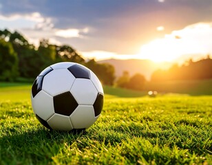 Soccer ball on grassy field at sunset