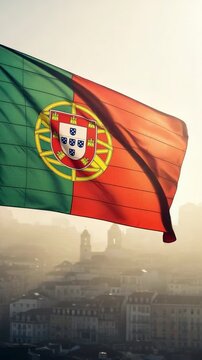National flag of Portugal waving in the wind. Scenic view of a historic Portuguese city in the background with warm sunlight.