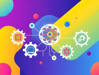 Obraz premium Vibrant Network Connected Gears and Abstract Forms