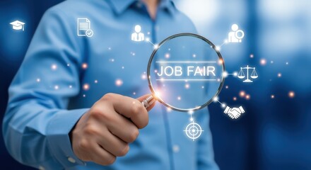 Job Fair Concept: Magnifying Glass Highlights Opportunities in Career, Education, and Recruitment Process with Glowing Icons