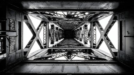 Complex metal framework of a bridge's support structure.