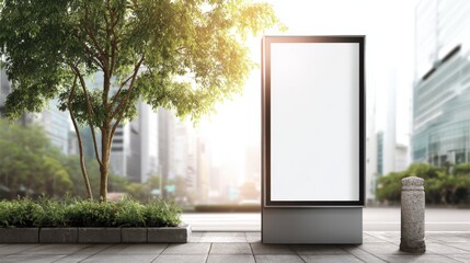 Blank Billboard on Urban Sidewalk: Outdoor Advertising Mockup in Cityscape with Greenery