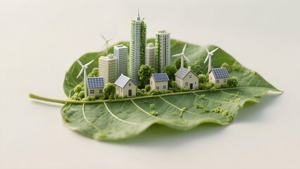 Miniature eco city with skyscrapers houses solar panels and wind turbines on large leaf symbolizing renewable energy and green urban planning