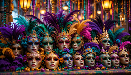 Fototapeta premium Colorful Venetian Carnival Masks with Feathers on Display
