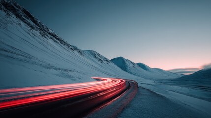 Long Exposure of Car Headlights Streaking Through a Snowy Mountain Pass at Twilight
