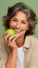 Beautiful cheerful smiling mature woman bites a green apple.	