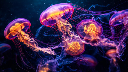 A group of luminous jellyfish with glowing orange and purple bells and long, flowing tentacles drift gracefully in dark, mysterious water.