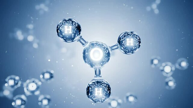 Water Molecule Structure in Blue Tones Representing Scientific and Chemical Research with Hydrogen and Oxygen Atoms on a Light Background