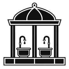 Elegant Black and White Icon: Covered Public Wash Station with Two Sinks and Faucets, Simple Design, Clean Minimalist Style, Public Hygiene, Water Access, Urban Infrastructure.