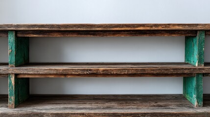 Rustic Wooden Shelf with Two Tiers Against White Wall Background for Product Display Mockup