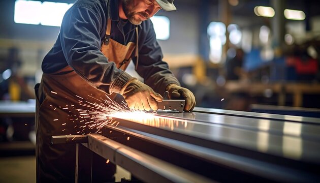Metalworker grinding metal in factory.
