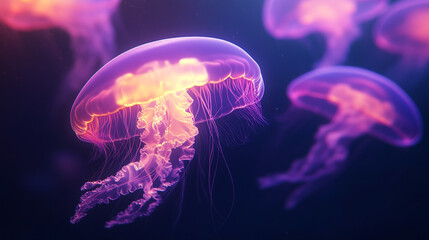 Fototapeta premium A group of luminous jellyfish with glowing orange and purple bells and long, flowing tentacles drift gracefully in dark, mysterious water.