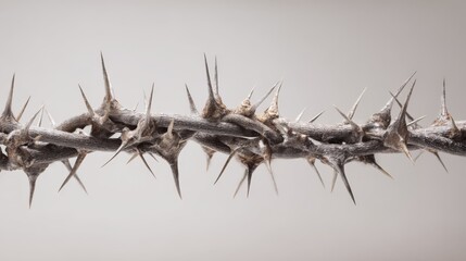 Crown of Thorns Close-up: Symbolic Religious Iconography Depicting Sacrifice, Suffering, and Redemption Against a Neutral Background