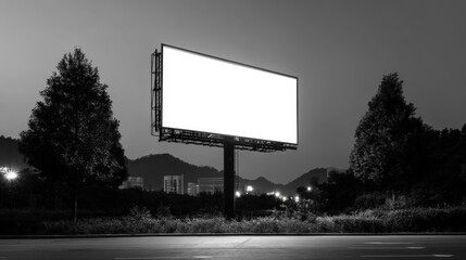 Fototapeta premium Blank Billboard at Twilight: Outdoor Advertising Space for Campaigns, Promotions, and Marketing Communication in Urban Settings