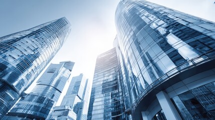 Fototapeta premium Modern Cityscape with Blue Glass Skyscrapers Reaching Skyward in a Central Business District