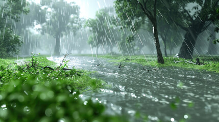 Serenity of Nature in Rainfall with Lush Greenery and Gentle Streams Amidst a Foggy Atmosphere