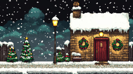 Obraz premium Magical snowy street scene with pixel art house and cheerful Christmas decorations during a winter evening