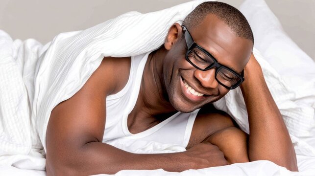 Man smiles joyfully while relaxing in bed during morning hours, enjoying a peaceful moment of rest and comfort