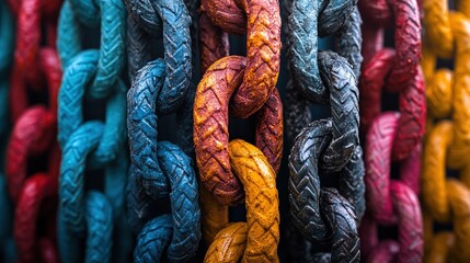 Colorful chains on black background with focus stacking, symbolizing web traffic network. Digital art for web design, social media, conceptual graphics, and abstract decoration, featuring sharp detail