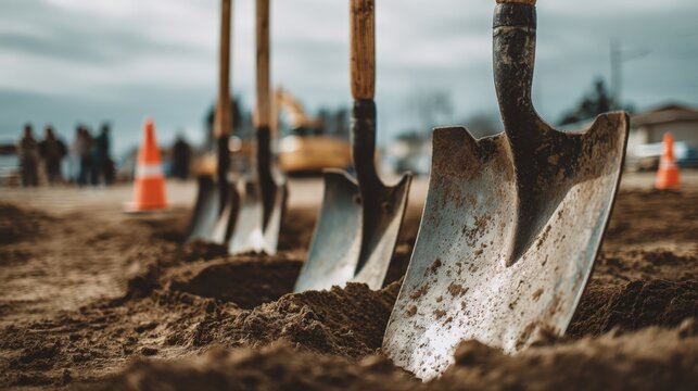Groundbreaking Ceremony with Shovels in Soil for New Construction Project on Overcast Day