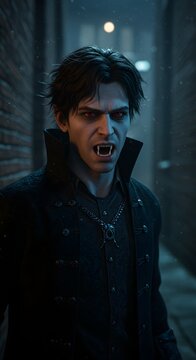 Gothic creature of the night with menacing red eyes and razor-sharp fangs, emerging from a dark alley, a chilling embodiment of ancient supernatural horror