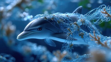 Realistic 3D Render of Dolphin Entangled in Plastic Waste Underwater Highlighting Ocean Pollution Crisis

