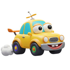 Obraz premium 3d Cartoon yellow car with propeller hat and purple smoke on a Transparent background.