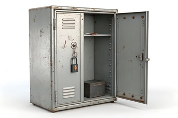 Open metal locker with padlock and box on a plain background