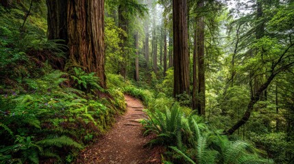 Fototapeta premium Tranquil Forest Trail Through Towering Redwood Trees: A Scenic Hiking Adventure and Natural Escape