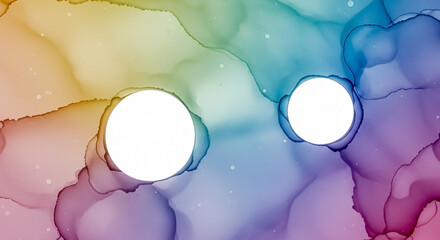 Vibrant abstract background with a flowing rainbow watercolor texture and two circular geometric apertures for copy space.