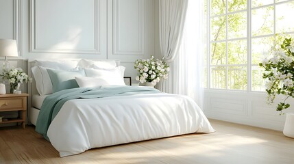 Fototapeta premium A serene and inviting bedroom design featuring a white bed with plush linens surrounded by large that flood the space with natural light and a tranquil minimalist aesthetic