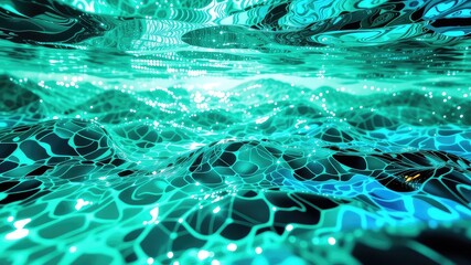 Abstract teal and turquoise network undulates with glowing nodes representing data connectivity and technological advancement