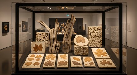 Fossilized Leaf Imprints and Petrified Wood in a Museum Display Case Collection