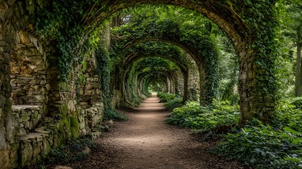 Obraz premium Stone archway pathway enveloped by lush greenery.