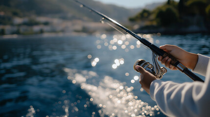 A child fishing by a serene lake on vacation