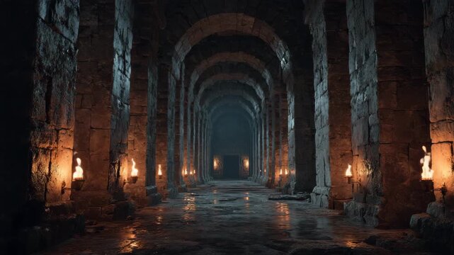 Ancient vaulted corridor in a medieval castle filled with mysterious atmosphere and lit by candles
