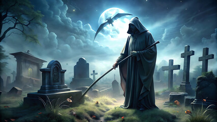 A grim reaper standing in a spooky graveyard under moonlight